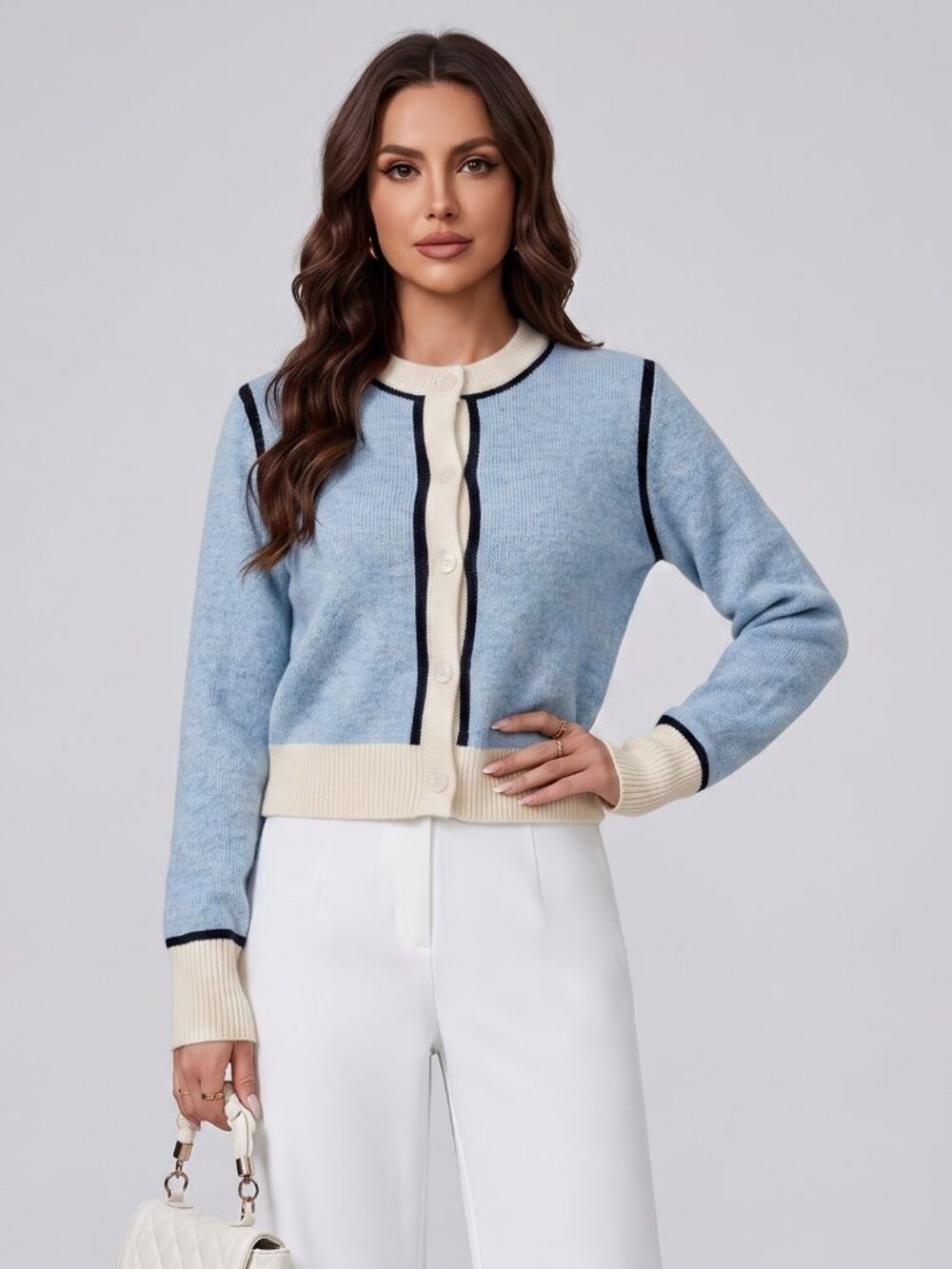 Women's Light Blue Round Neck Knit Cardigan Button Front Contrast Trim Crop